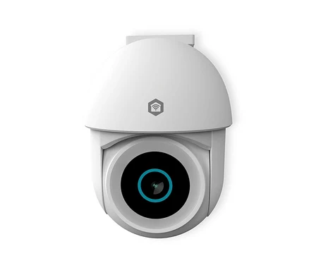 Weiße Überwachungskamera mit kuppelförmigem Gehäuse, markanter Linse mit blauem Ring und Smart-Home-Logo.
