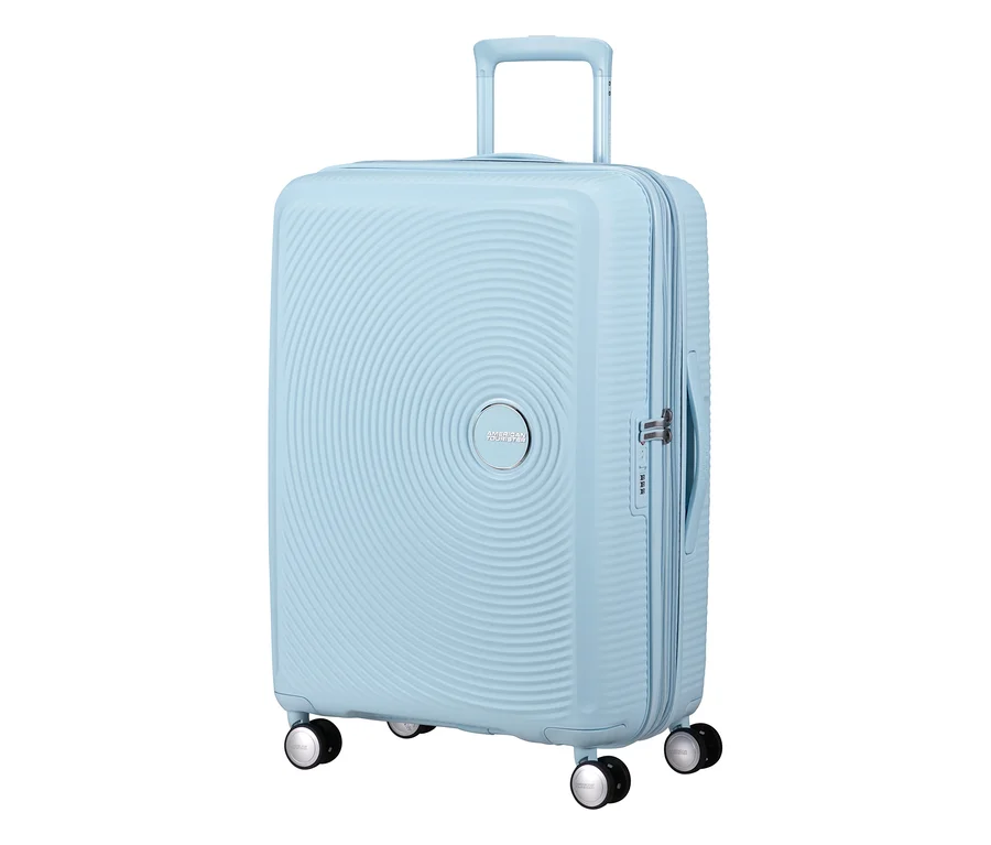American Tourister Hartschalen-Koffer »Soundbox« Spinner in Pastellblau, mittel, mit ausziehbarem Griff und vier Rollen.