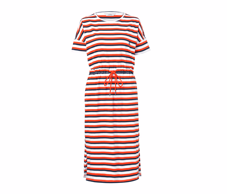 Gestreiftes Midi-Kleid mit roten und dunkelblauen Streifen.