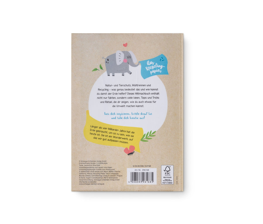 Rückseite des Buches "Liebe deine Erde" mit einer Illustration eines Elefanten und Text über Recycling.