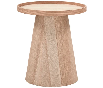 Beistelltisch aus hellem Holz mit runder, tablettartiger Platte und konischem Fuß, mit sichtbarer Holzmaserung.