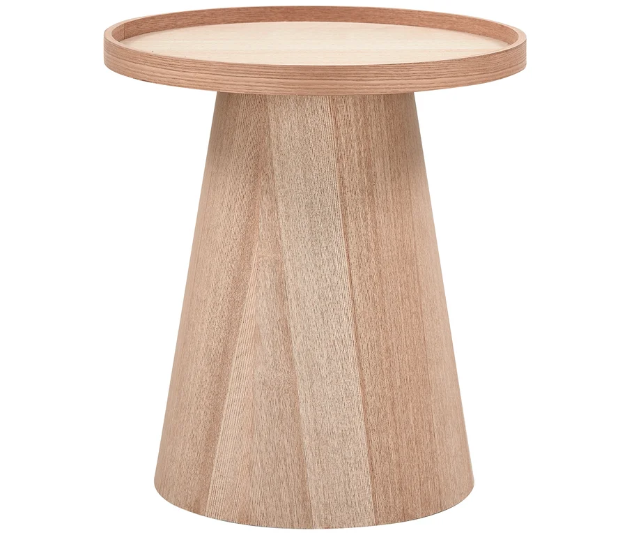 Beistelltisch aus hellem Holz mit runder, tablettartiger Platte und konischem Fuß, mit sichtbarer Holzmaserung.