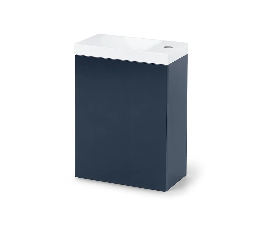 Blaues Gäste-WC-Waschbecken mit weißem Waschbeckenaufsatz.