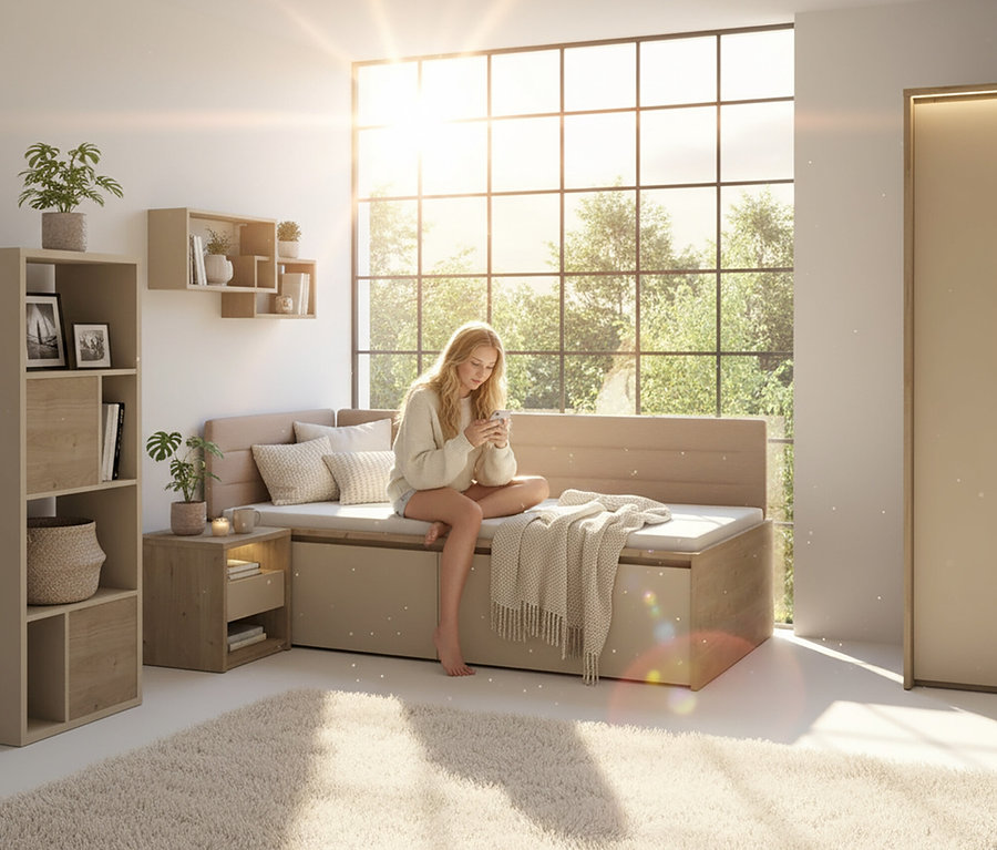 Frau sitzt auf Roba Jugendbett »Louisa«, 90 x 200 cm und benutzt ein Handy.