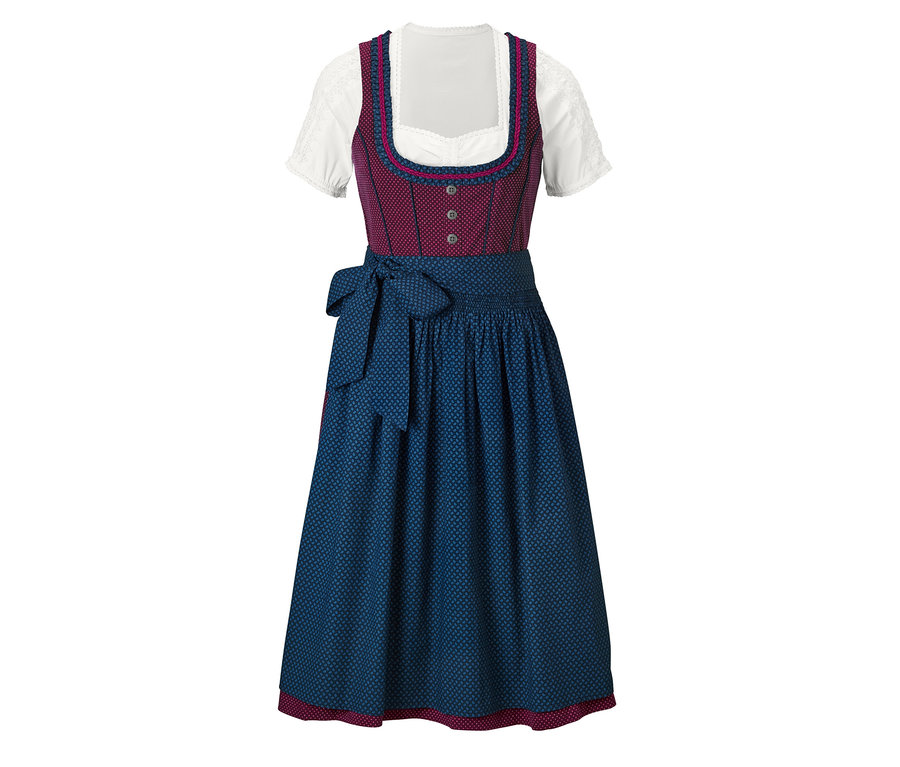 Ein Stretch-Dirndl in Weinrot mit blauer Schürze.