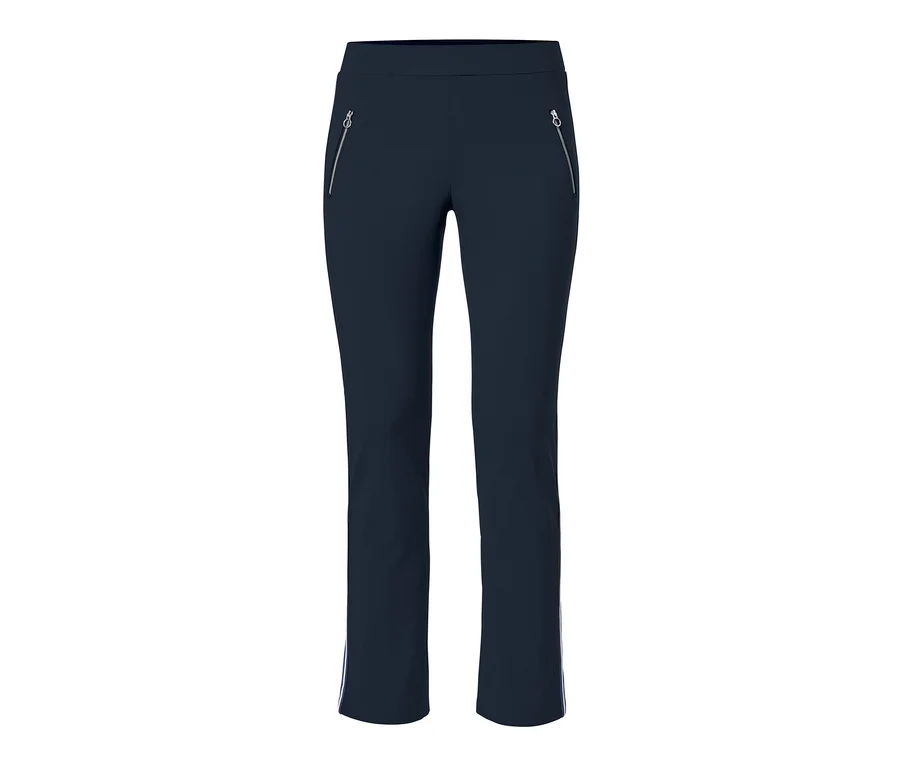 Dunkelblaue, knöchellange Stretchhose mit Galonstreifen und silbernen Reißverschlüssen.