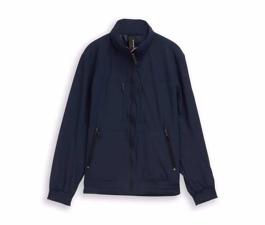 Marineblaue Jacke mit Reißverschluss und mehreren Taschen.