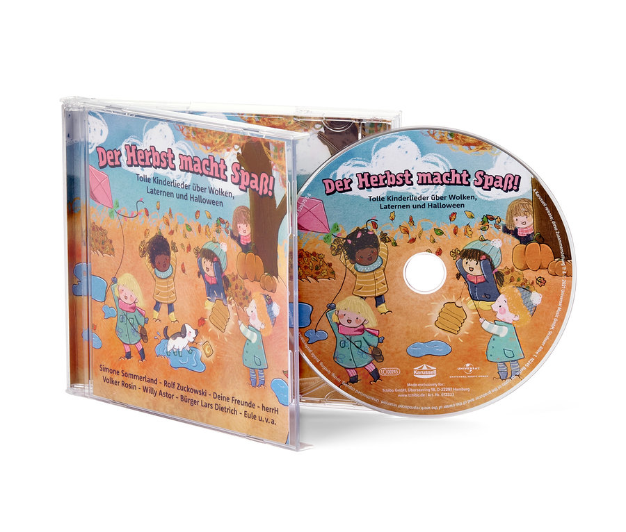 Cover und CD »Der Herbst macht Spaß!« mit Comic-Kindern und Herbstmotiven.