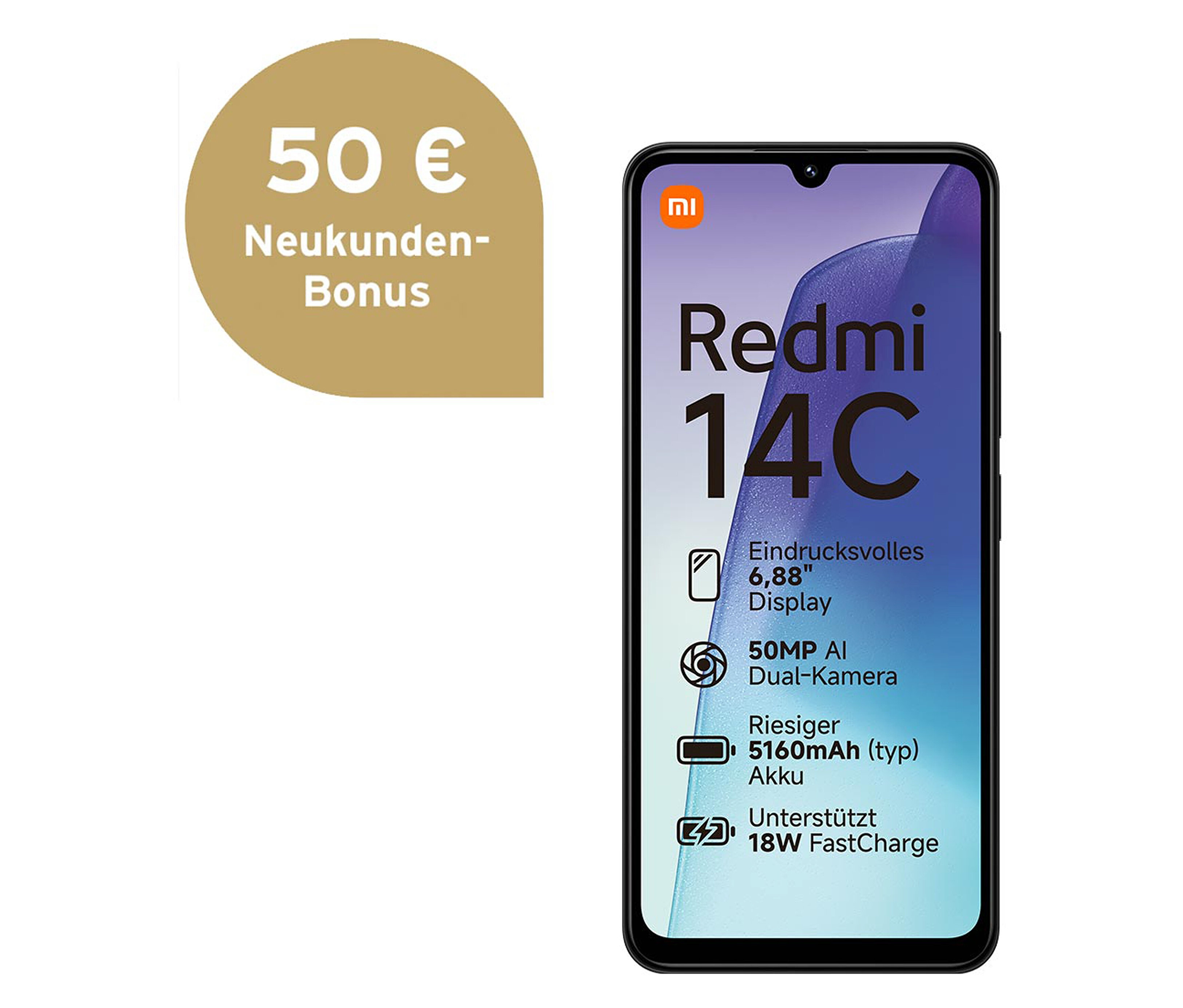 Schwarzes Xiaomi Redmi 14C mit 6,88-Zoll-Display.