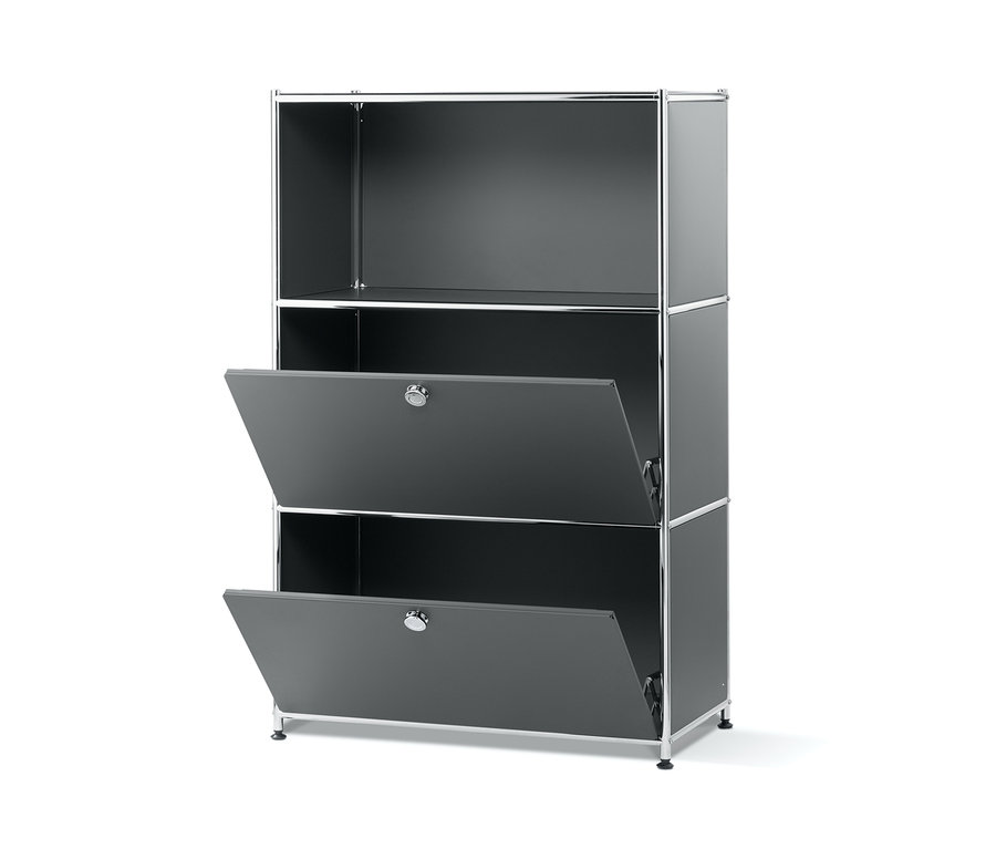 Graues Metall-Regal mit zwei versetzbaren Klappenfächern.