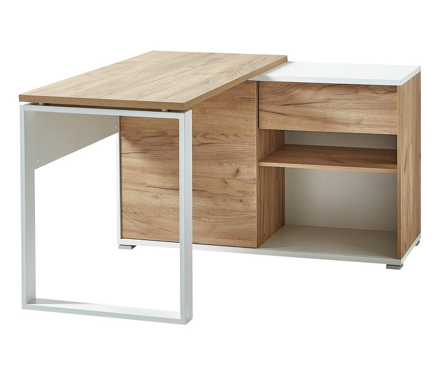 Eck-Schreibtisch "Lioni" mit Holzplatte und weißem Rahmen.