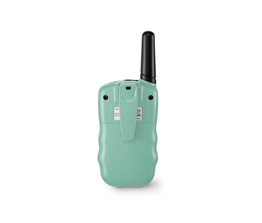Detailansicht der Rückseite eines 2 Kinder-Walkie-Talkies.