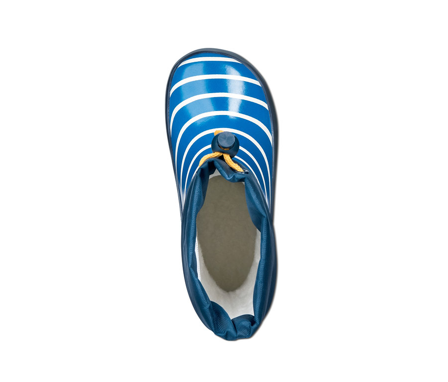Draufsicht auf einen blauen Kinder-Regenstiefel mit weißen Streifen.
