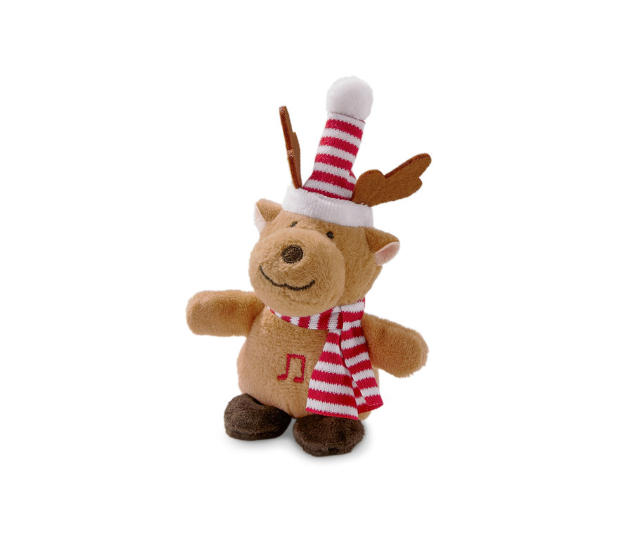 Singendes Rentier Stofftier mit rot-weiß gestreiftem Hut und Schal.
