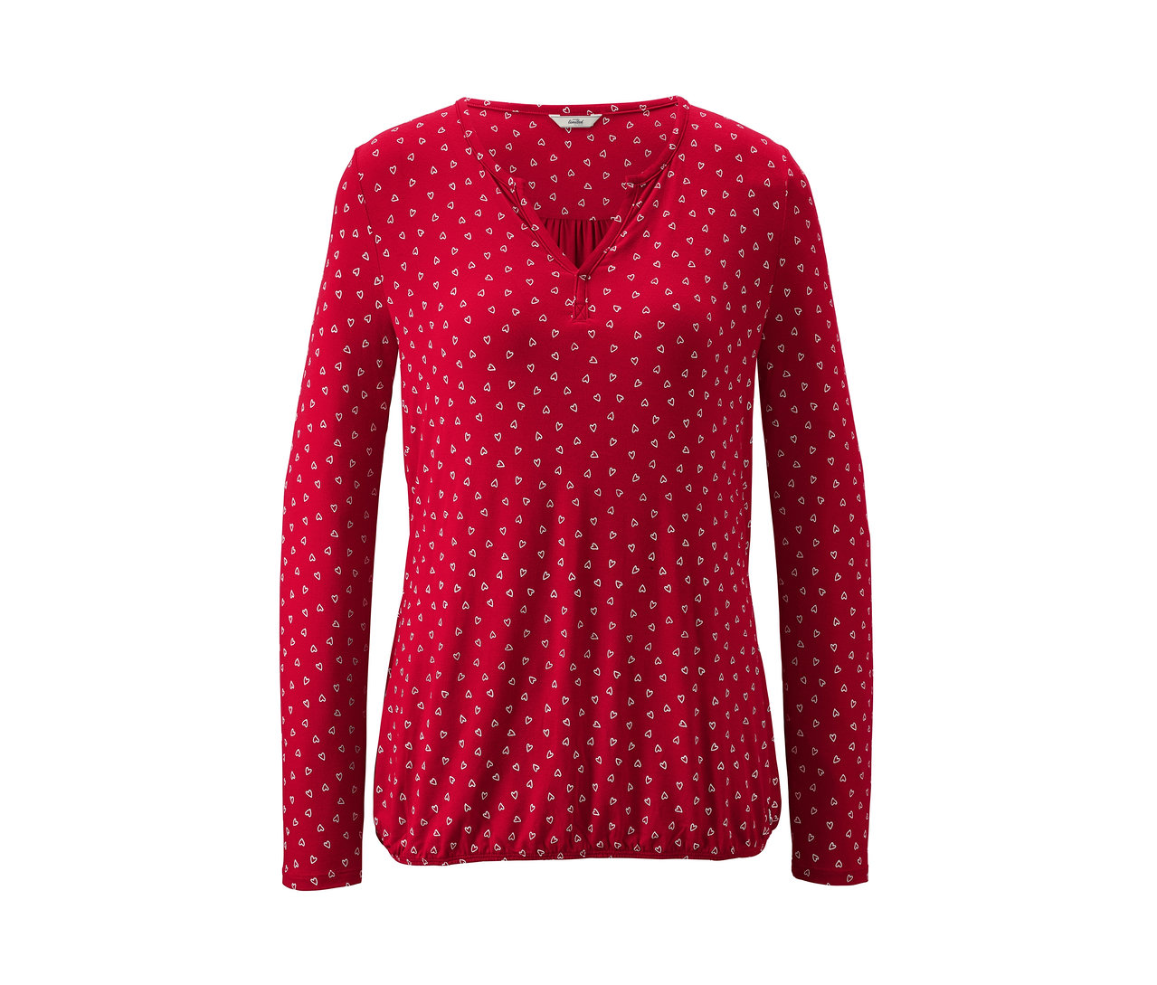Rotes Blusenshirt mit Herz-Dessin.