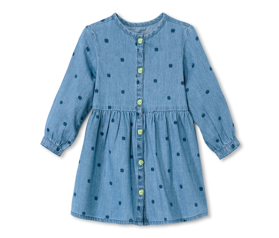 Blaues Jeanskleid mit langen Ärmeln und Apfelmuster.