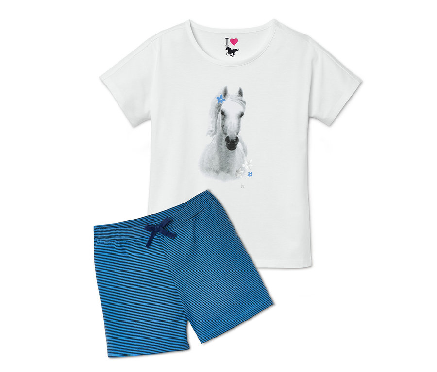 Weißer Shorty-Pyjama mit Pferdemotiv und blauen Streifen.