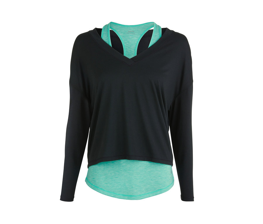 Schwarzes 3-in-1-Sportshirt mit langen Ärmeln und grünem Top.