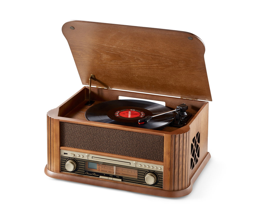 Retro-Stereoanlage Lenco TCD-2500 mit Plattenspieler, CD-Player und FM-Radio auf weißem Hintergrund.