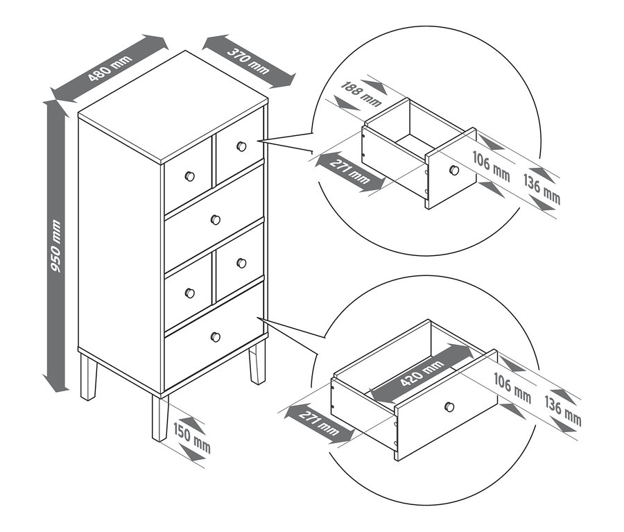 Illustration eines Schubladenturms mit sechs Schubladen und Abmessungen.