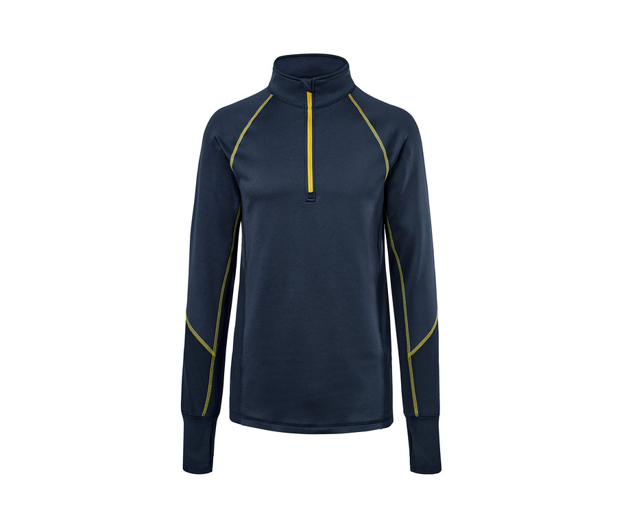 Dunkelblaues Thermo-Funktionsshirt mit langen Ärmeln und gelbem Reißverschluss.