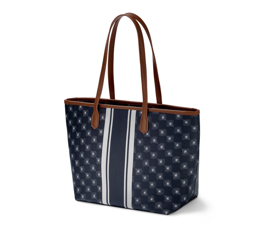 Shopper mit dunkelblauem Muster und braunen Henkeln.