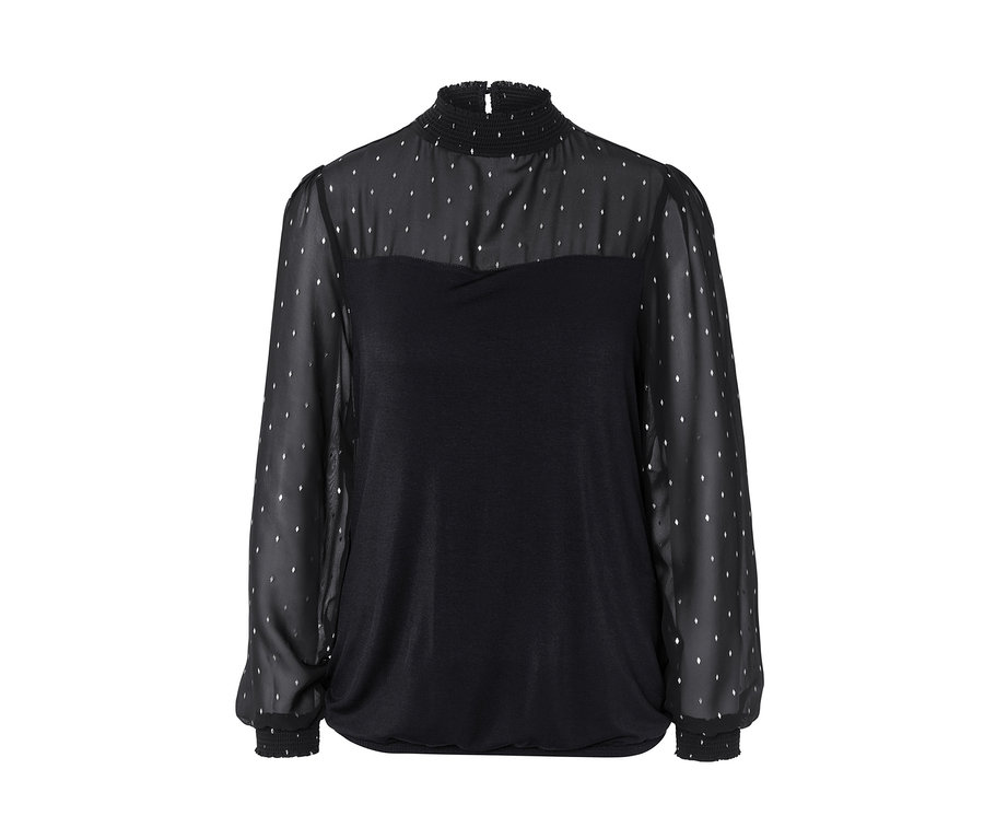 Schwarzes Blusenshirt im Materialmix mit transparenten Ärmeln und silbernen Details.