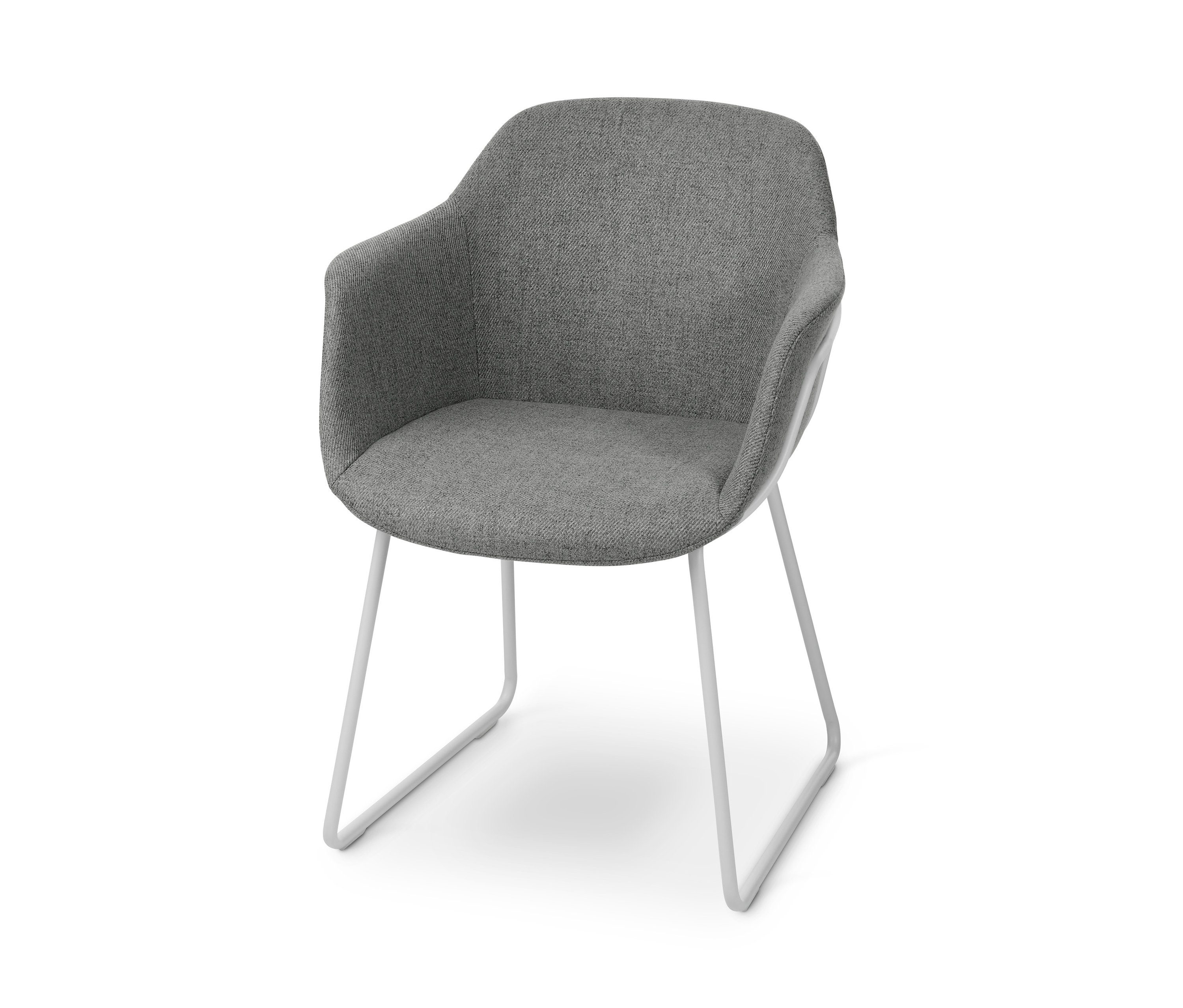 Grauer Stuhl gepolstert, mit Metallgestell.