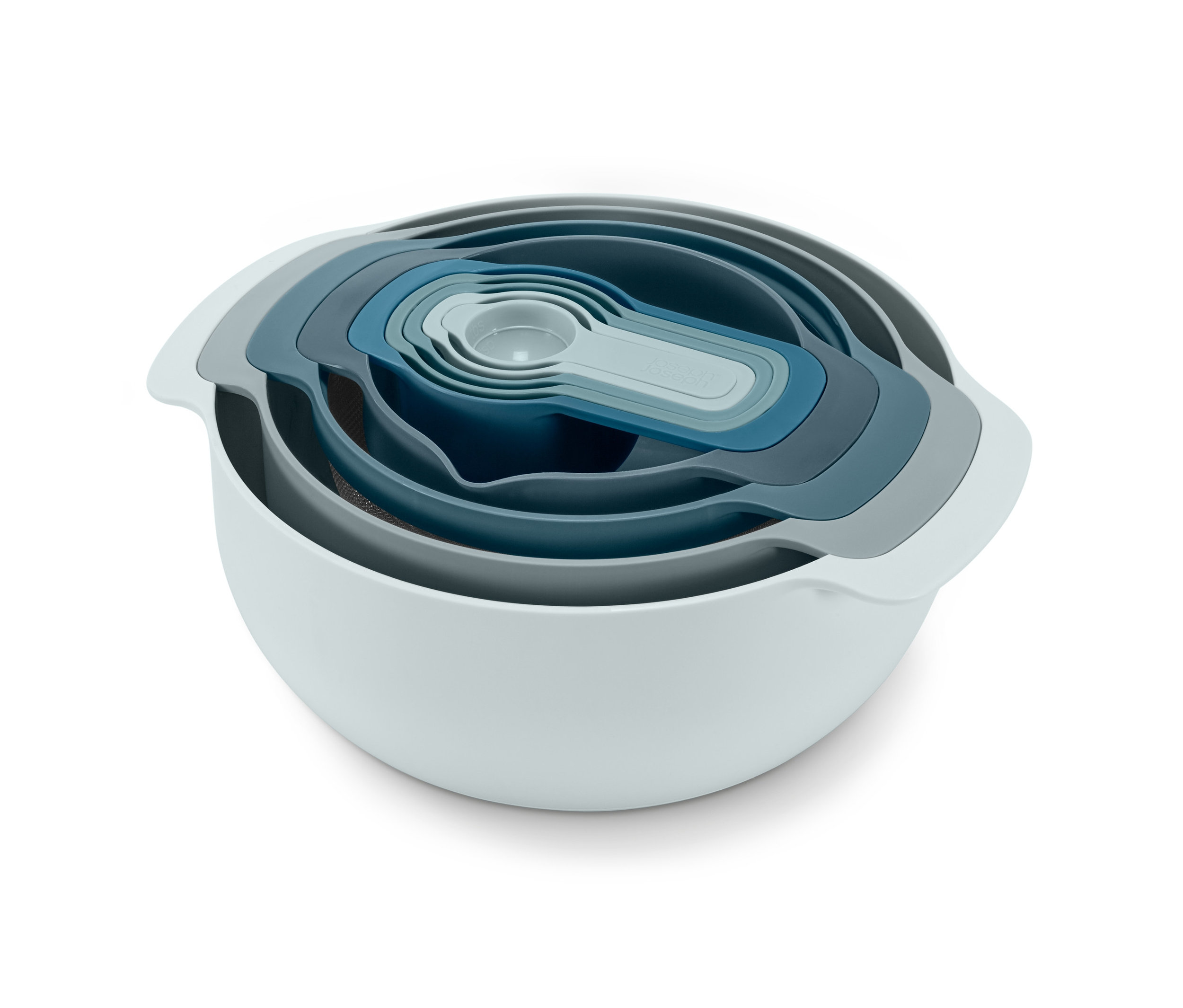 Ein Joseph Joseph Editions-Nest™-9-Plus-Rührschüssel-Set in verschiedenen Blau- und Grautönen.