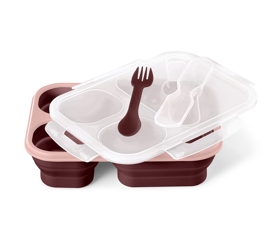 Eine faltbare Lunchbox mit brauner Gabel und transparentem Deckel.