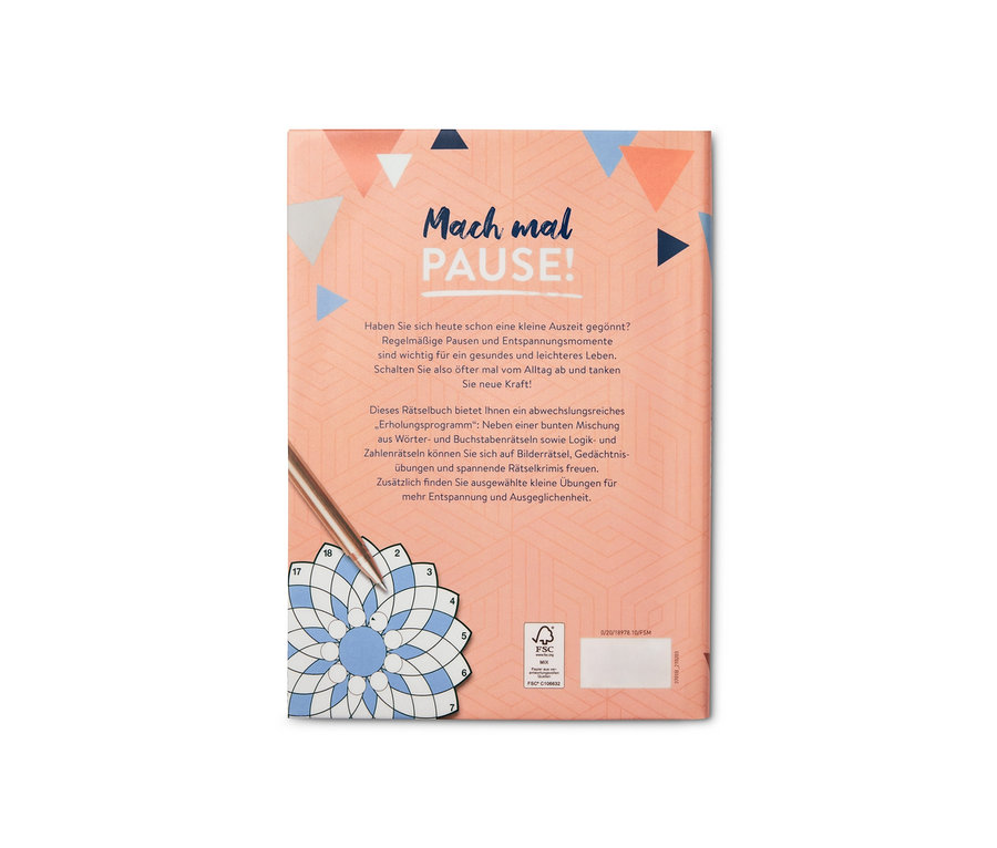 Rückseite des Buchs »Mach mal Pause!« mit einem Beispielrätsel.