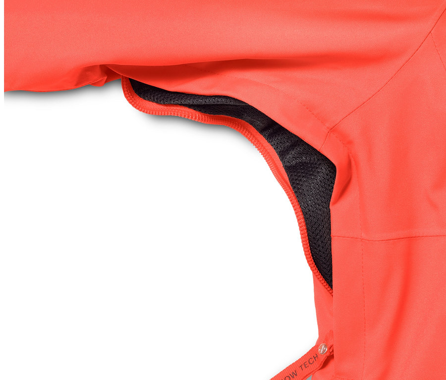 Detailansicht einer neonorangefarbenen Halfzip-Skijacke mit Belüftungsnetz.