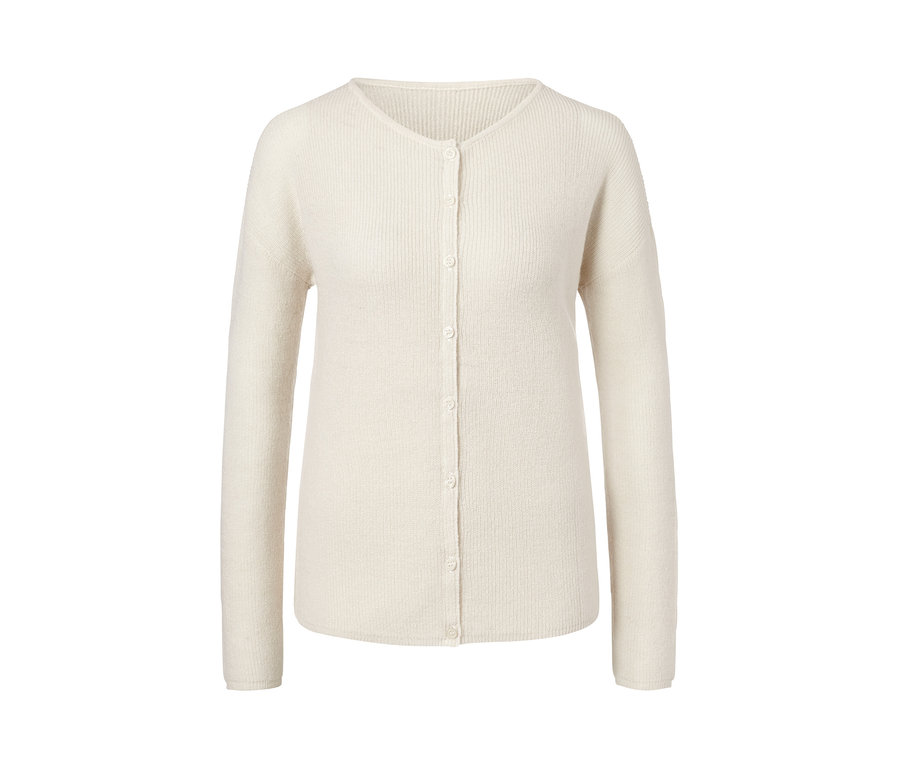 Ein ecrufarbener Wende-Cardigan mit Knöpfen.