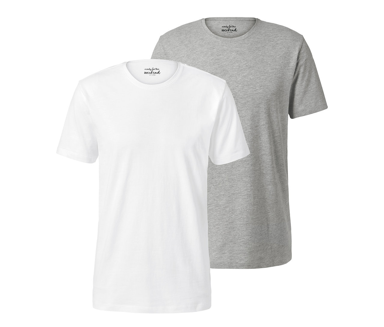 Zwei T-Shirts mit Rundhalsausschnitt, ein weißes und ein graues, liegen nebeneinander.