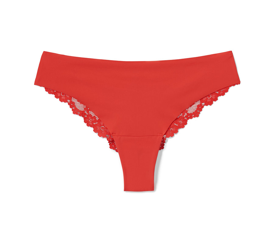 Ein orangefarbener Magic-Cut-Braziltanga mit Spitze.