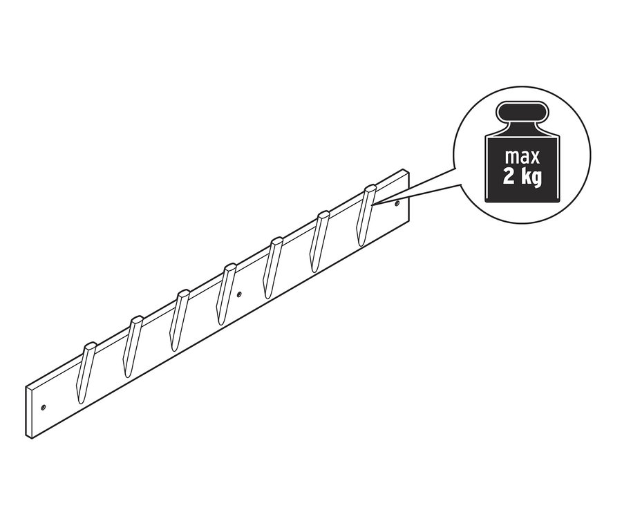 Wandgarderobe mit acht Haken und einer Illustration des maximalen Gewichts von 2 kg.