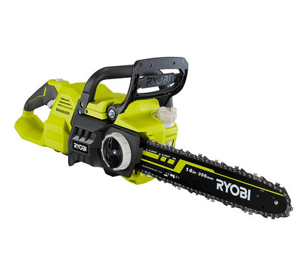 Gelb-schwarze RYOBI 36 V Brushless-Akku-Kettensäge »RY36CSX35A-150«.