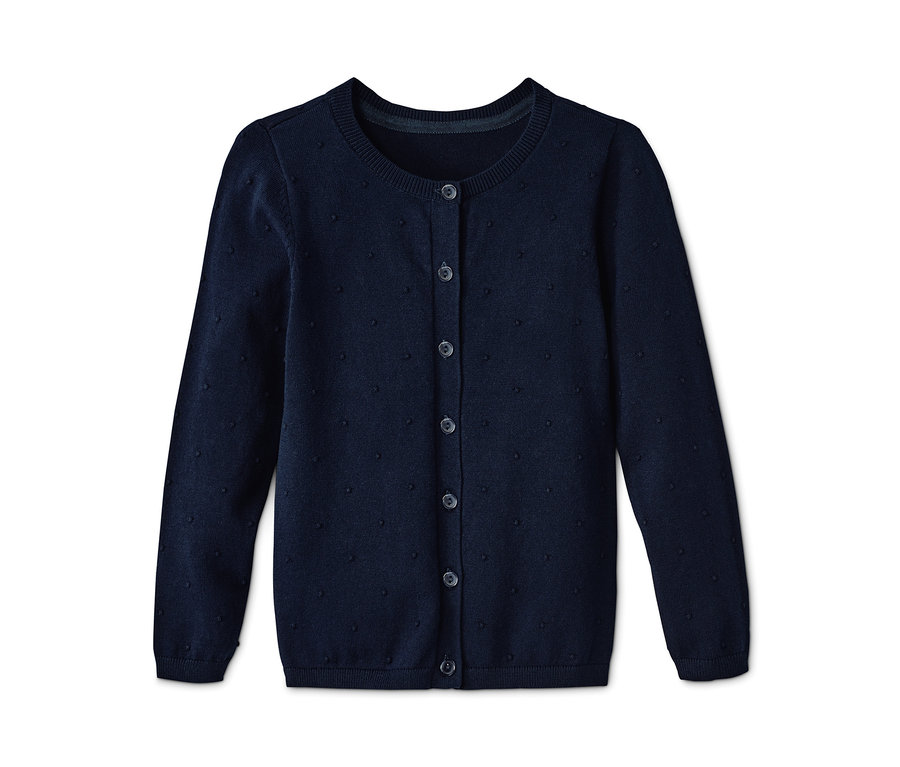 Dunkelblaue Strickjacke mit Knöpfen.