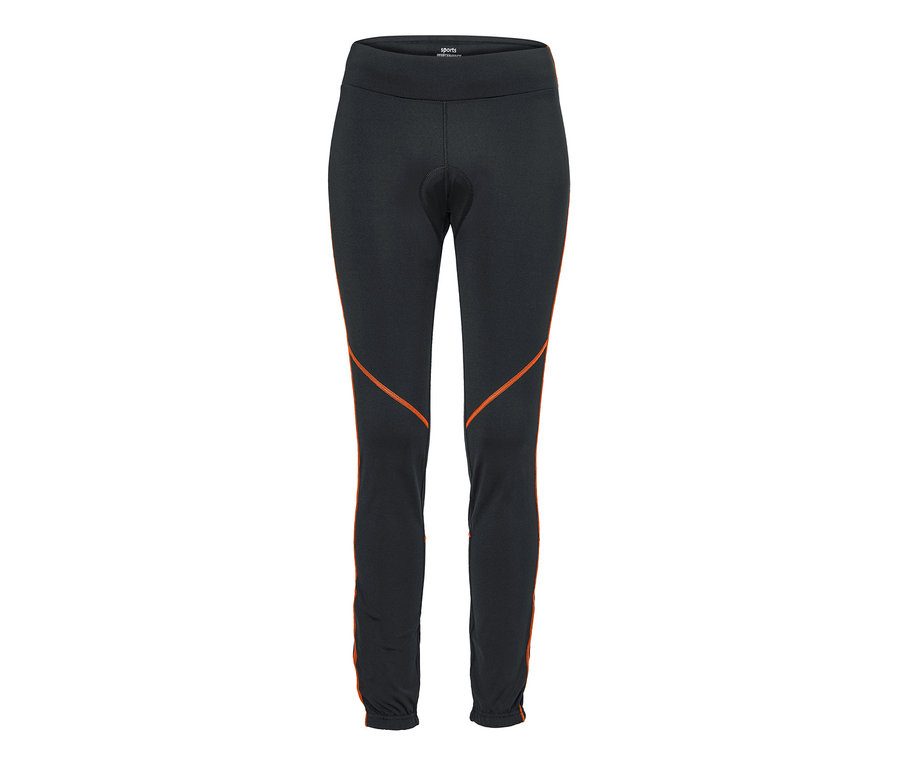 Schwarze Velohose mit orangefarbenen Details.