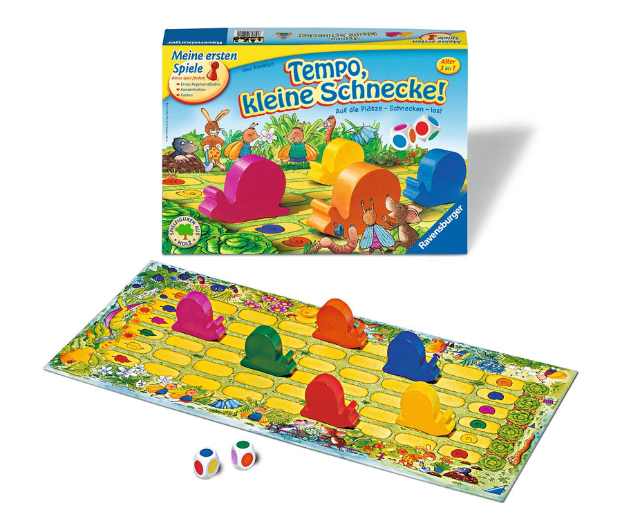 Ravensburger »Tempo, kleine Schnecke!« mit bunten Holzschnecken auf dem Spielbrett.