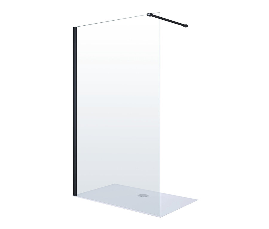 Eine transparente Breuer®-Duschwand »Panorama Walk-IN« steht auf einem weißen Boden.