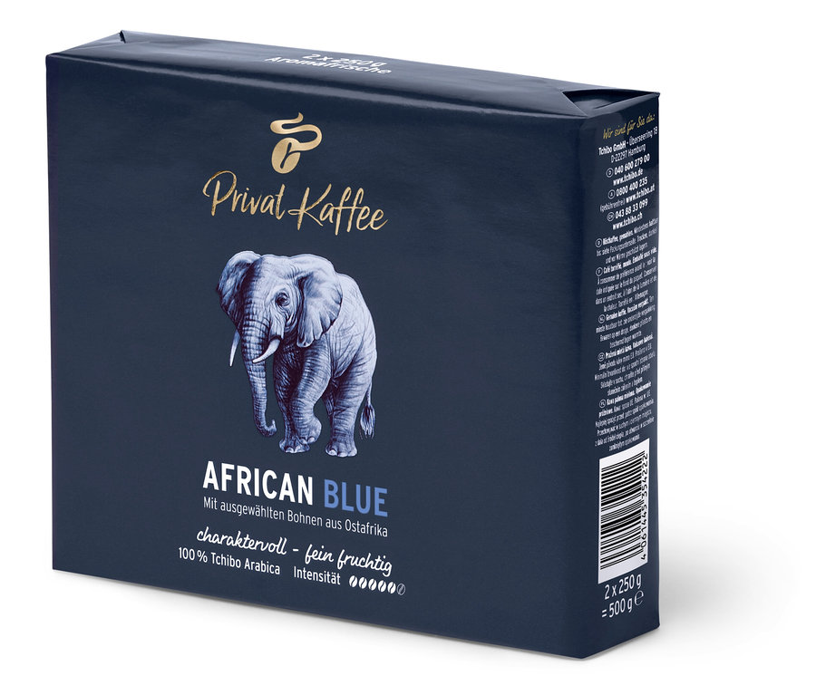 Eine Packung Privat Kaffee African Blue gemahlen mit einer Abbildung eines Elefanten.