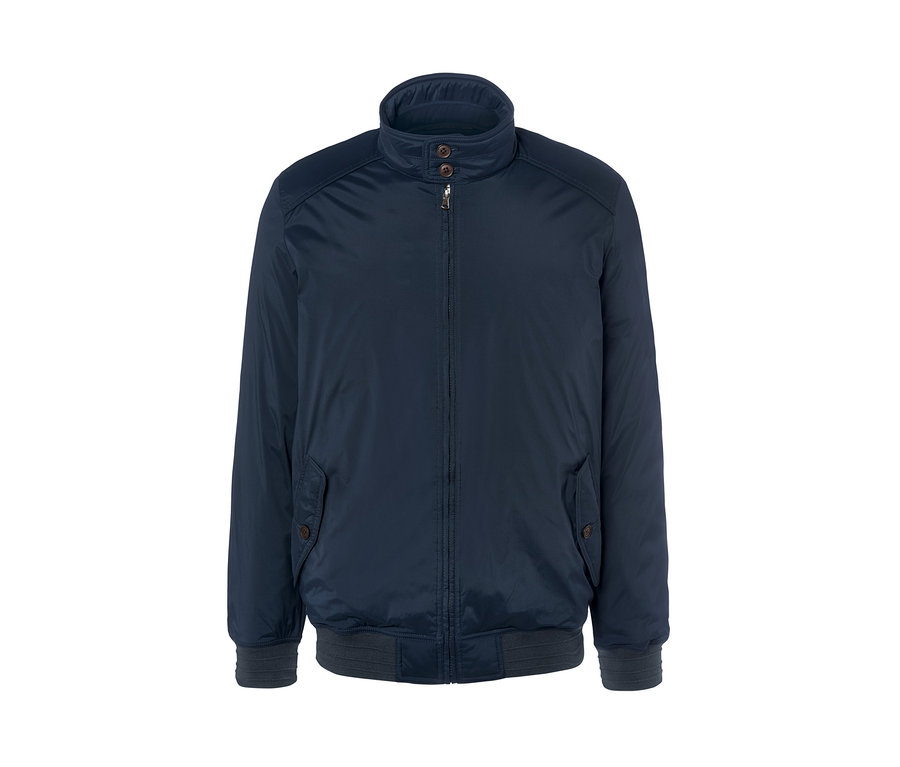 Ein marineblauer Blouson mit Kragen und Reißverschluss.