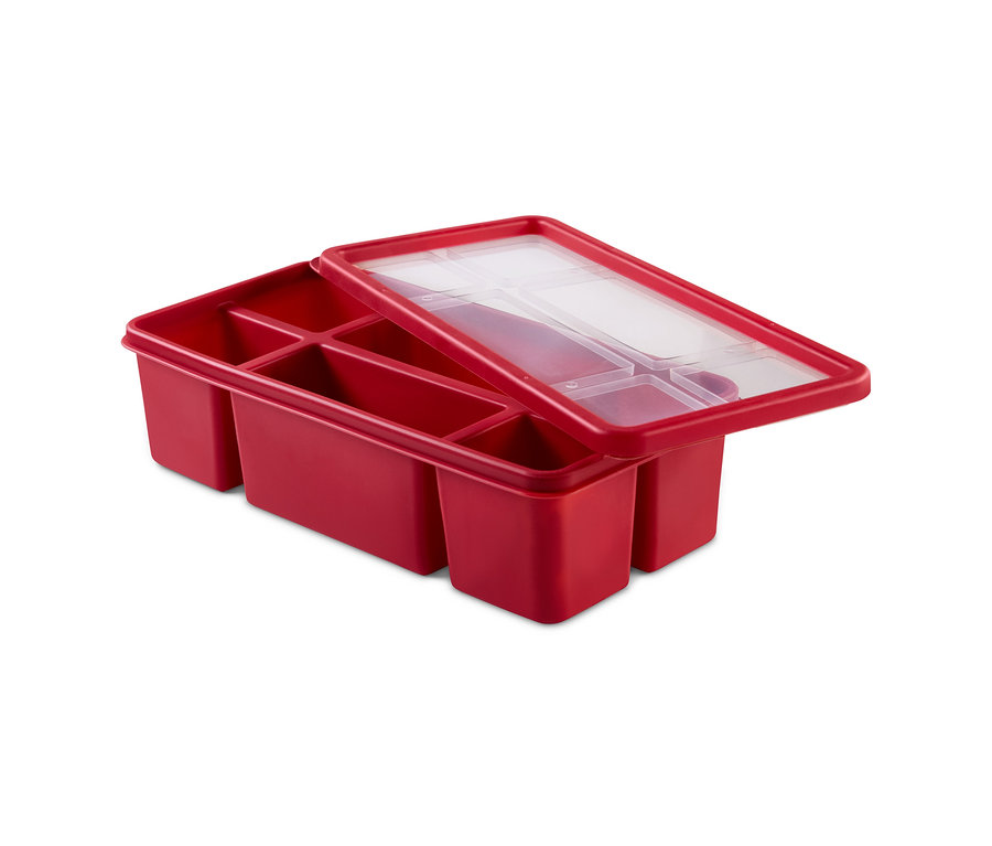 Rote 2 Portioniertrays mit transparentem Deckel.