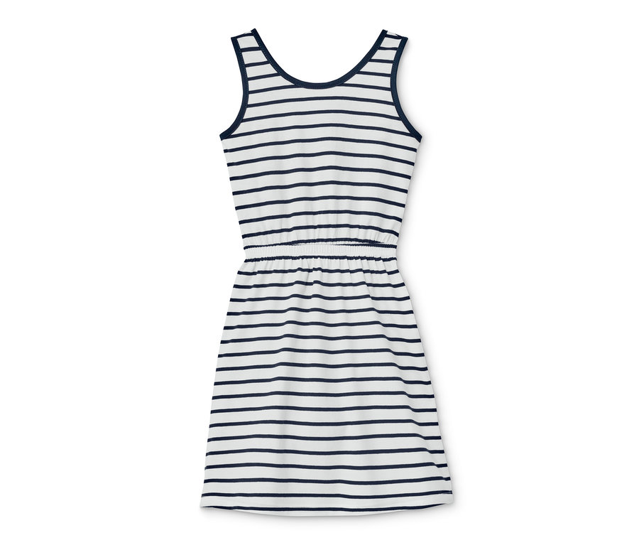 Jersey-Trägerkleid mit blauen und weißen Streifen.