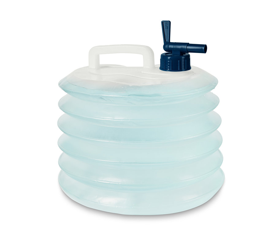 Ein faltbarer Wasserkanister mit blauem Hahn und weißem Griff.
