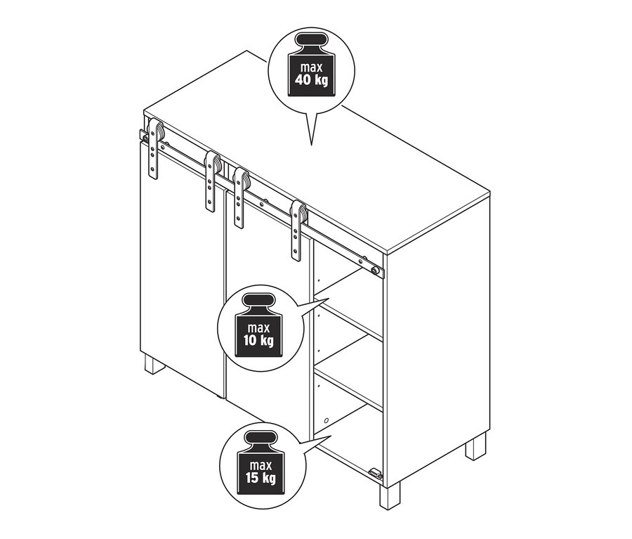 Skizze eines Sideboards mit Schwebetüren und Markierungen für die maximale Belastbarkeit.