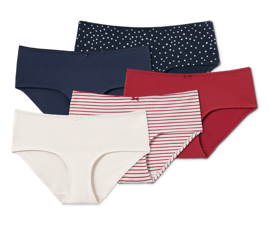Fünf Pantys in verschiedenen Farben und Mustern.