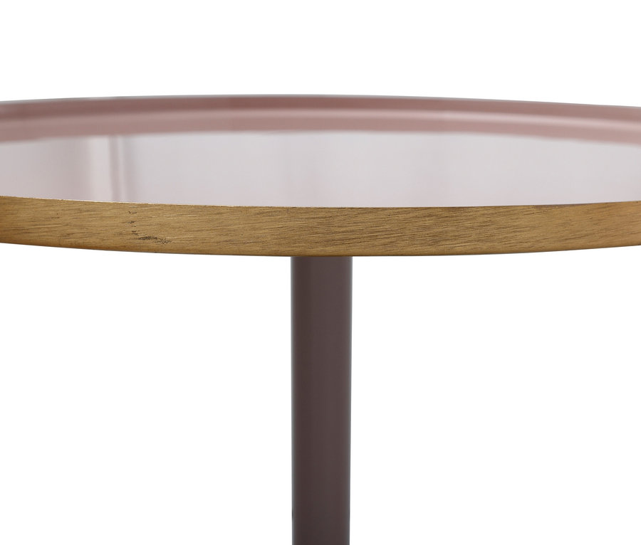 Detailansicht eines ovalen Tisches mit altrosa Tischplatte, goldenem Rand und grauem Bein. Kayoom-Beistelltisch »Art Deco 925« ist erkennbar.