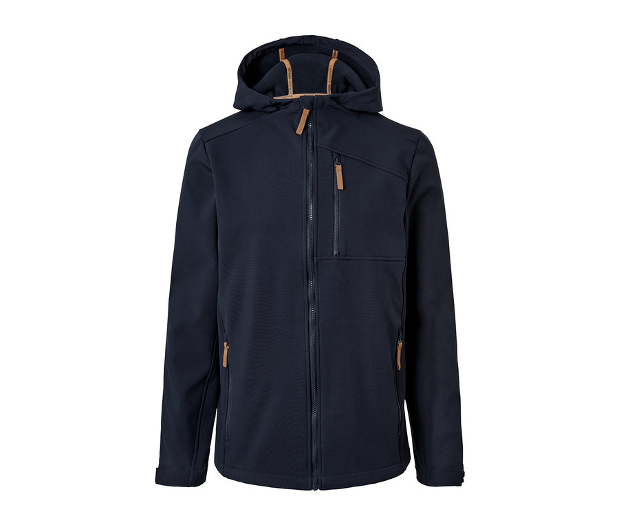Marineblaue Softshell-Jacke mit Reißverschluss und Kapuze.
